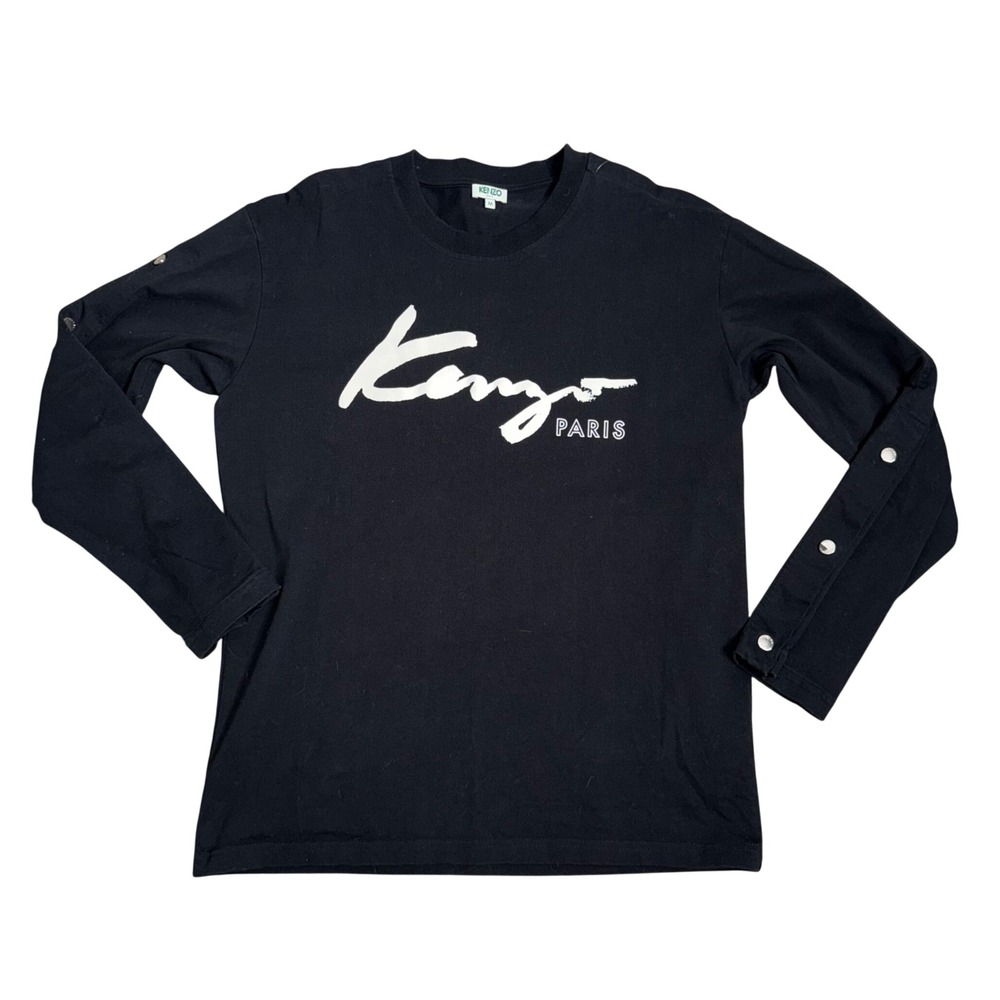Kenzo Paris Long Sleeve Top Women M Black Excellent Snap Sleeve Logo Tee
